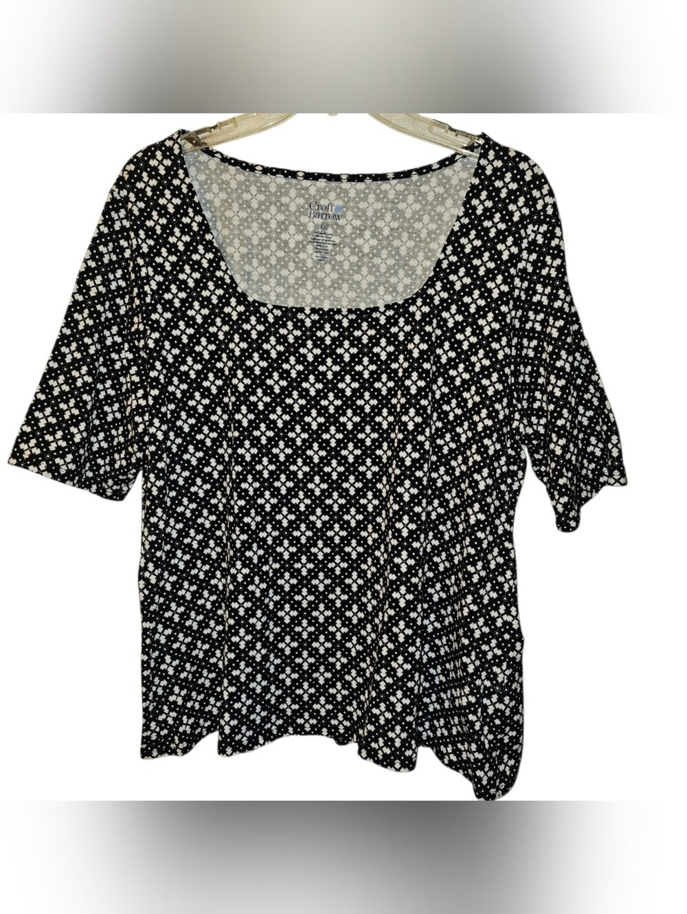 Croft & Barrow XXL Black and White Geometric Elbow Sleeve Square Neck Top